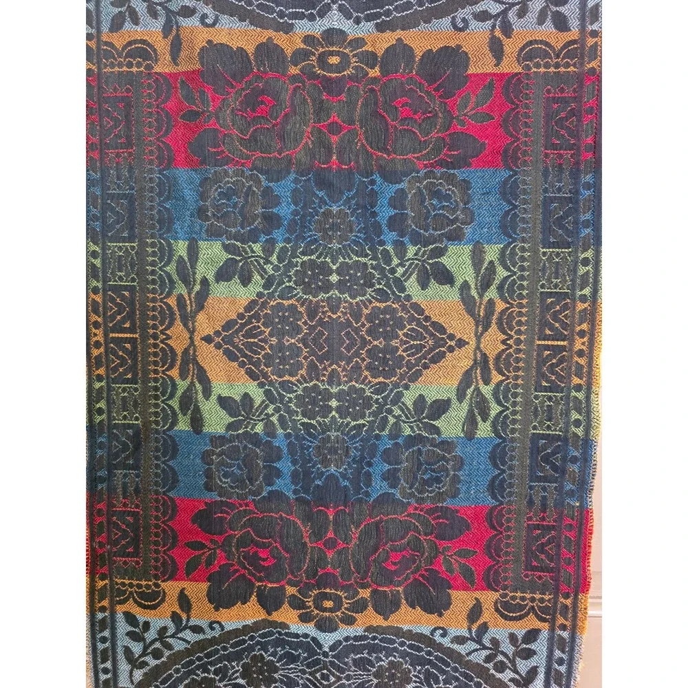 Vintage Woven Tapestry Floral Damask Table Runner Wall Hanging Gold Red Blue